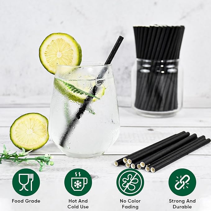 [500 Bulk] 5.75 inch Black Short Paper Straws, Stir Straws for Cocktail, Coffee, Mixed Drinks - Home, Bar and Restaurant Straws - 100% Biodegradable