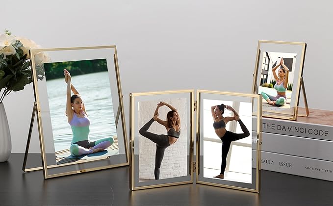 7x9''Gold Double Floating Frame For Photo Sizes (4x 6'', 5x7'',6x8''),For Tabletop/Shelf Display, Classy Gift for Wedding,Christmas,Birthady, Home or Office Decor.