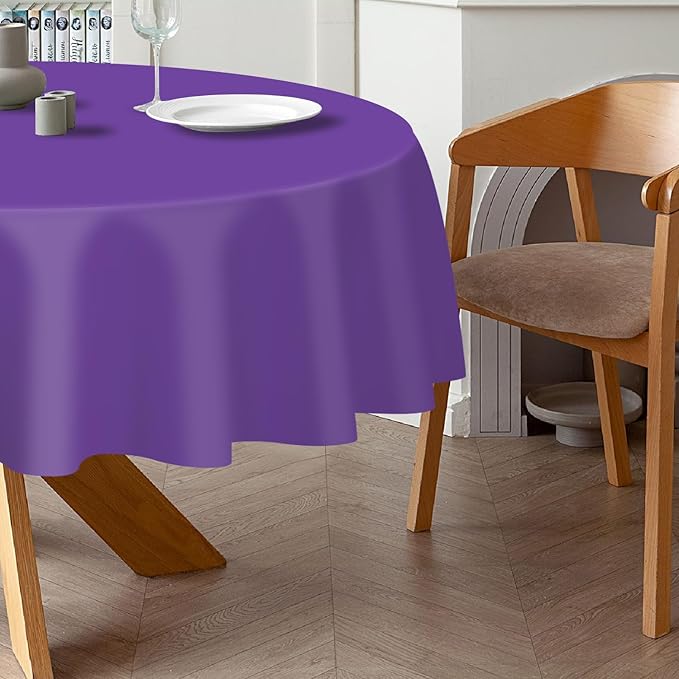 QIKSION Purple Round Tablecloth 3 Pack, 84 Inch Plastic Table Cover Disposable for Parties