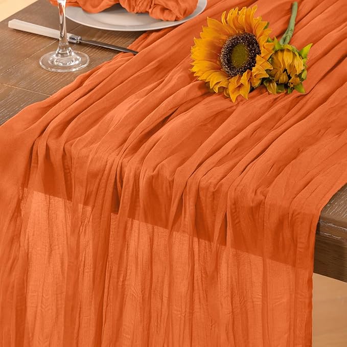 Orange Cheesecloth Table Runner 4 Pack Halloween Orange Table Runners Boho Gauze 120 Inches Cheese Cloth Fall Table Decorations for Thanksgiving Weddings Bridal Baby Shower Party Decor