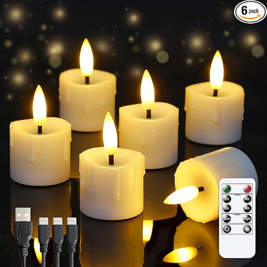 Rechargeable Flameless 1.6" x2.5" Tea Light Candles with Remote & Type-C Charging Cable, Timer LED Flickering White Plastic 6pcs Mini Dripping Wax Votive Tealight Candles