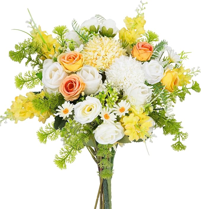 8Pcs Fake Flower Bouquet Artificial Silk Flowers White Yellow Rose Faux Floral Arrangements Picks Summer Flowers for Wedding Home Table Centerpieces Decorations