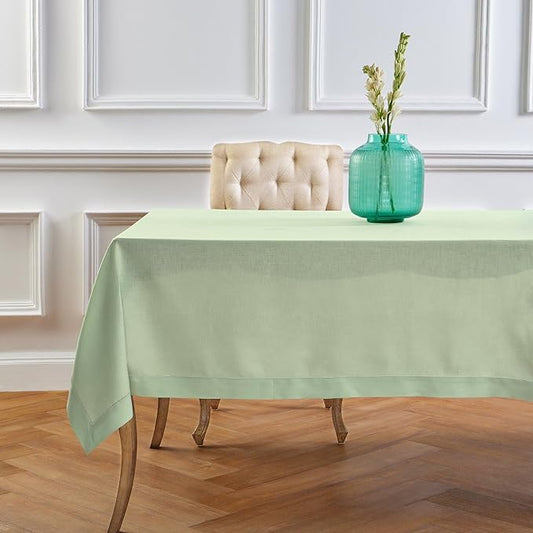Solino Home Linen Tablecloth for Rectangle Tables 60 x 90 Inch - Classic Hemstitch 100% Pure Linen Light Green Table Cloth - Machine Washable Cloth Tablecloth