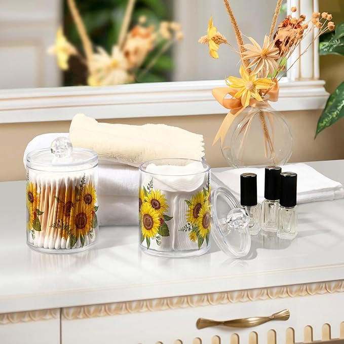 Gredecor Qtip Holder Dispenser 2 Pack Yellow Watercolor Sunflowers Bathroom Decorative Storage Canister Holder Counter Vanity Organizer for Cotton Ball Swabs Pads Floss