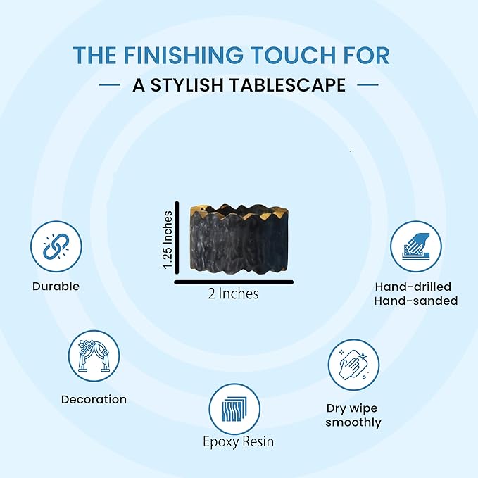 Epoxy Resin Napkin Holders for Cloth Napkins - 6 Pcs Elegant Napkin Holders for Dining Table Decor, Parties, Weddings & Holidays - Modern Tabletop Accessory (Black Gold) - CLEENTABLE