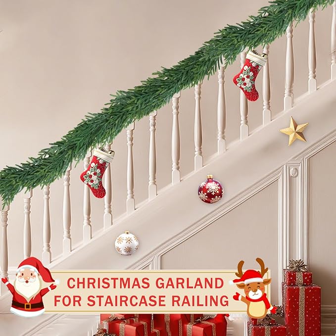 9 Ft Christmas Cedar Garland for Staircase Railing Real Touch Soft Bendable Faux Winter Xmas Greenery Pine Garlands Mantle Garland for Decoration for Table Fireplace Door Railing Wall Home Decor