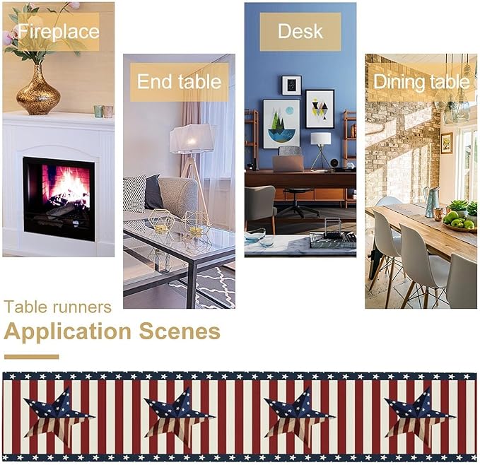 4th of July Table Runner, Patriotic Independence Day American Stars Stripes Flag Print Table Runner for Farmhouse Kitchen Dining Holiday Birthday Party, 13x70inch