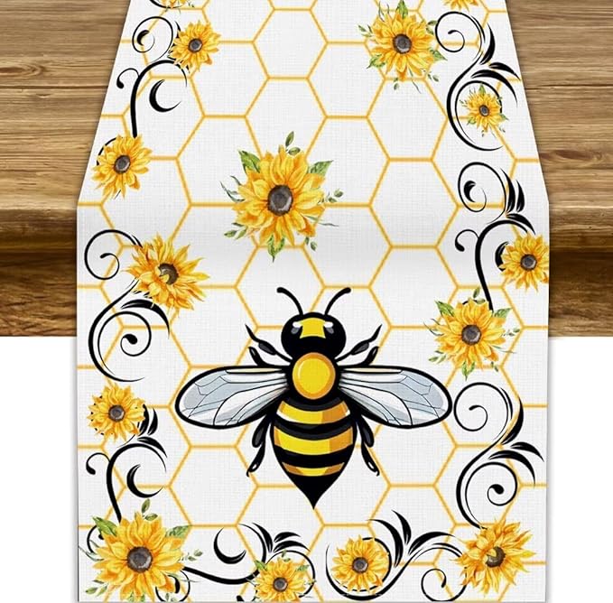 Bee Sunflower Table Runner, Farmhouse Orange Honeycomb Vintage Spring Summer Flowers Print Table Cover for Party Wedding Home Kitchen Dining Table Decor, 13x36inch