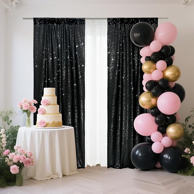 SquarePie Sequin Backdrop Curtain 2FT x 8FT Black for Halloween Party 2 Panels