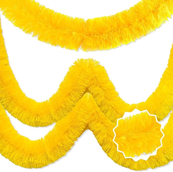 25 Feet Macaron Yellow Christmas Tinsel Garland, Metallic Foil Twist Banner Wall Hanging Tinsel Streamers Backdrop for Parade Floats, Christmas, Mother's Day, Birthday Party Decorations(4in x 25ft)