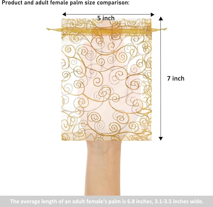 Staruby Organza Gift Bags 100Pcs Gold Sheer Organza Bag 5x7 Inch Mesh Favor Bags Drawstring Jewelry Rattan Printed Gift Pouches for Wedding Party Favors Couple Shower Christmas Gifts Candy Bags
