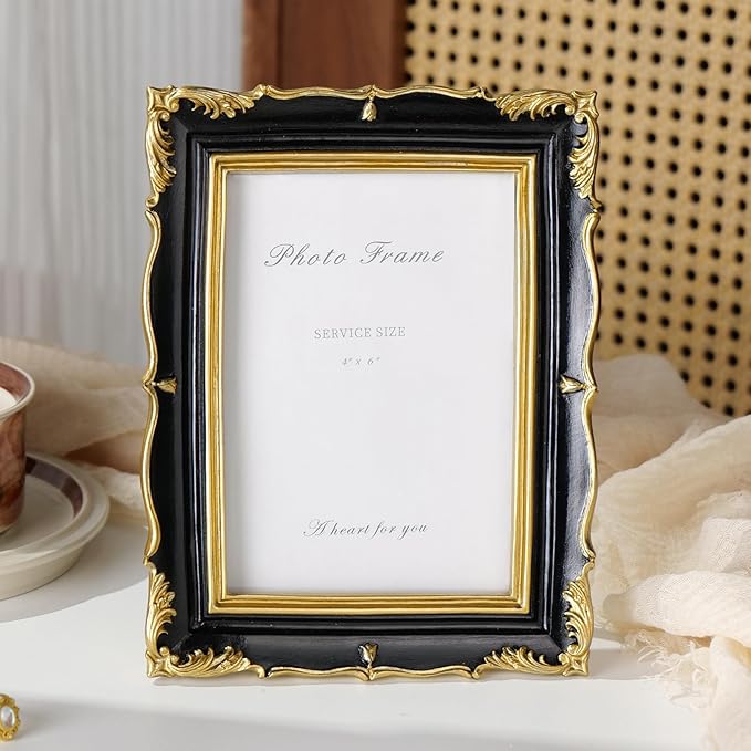 Cuspin 4x6 Picture Frame Black and Gold Vintage Frame, Ornate Textured Hand-Crafted Resin Photo Frame with Glass Front, 4x6 Black Antique Decorative Frames for Wall & Tabletop Home Decor