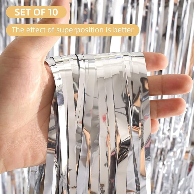 10 Pack Silver Foil Curtain Backdrop 3.2ft x 9.8ft Metallic Tinsel Foil Fringe Curtains Streamer Photo Booth Backdrop for Birthday Party Engagement Bachelorette Party Decorations (Silver)