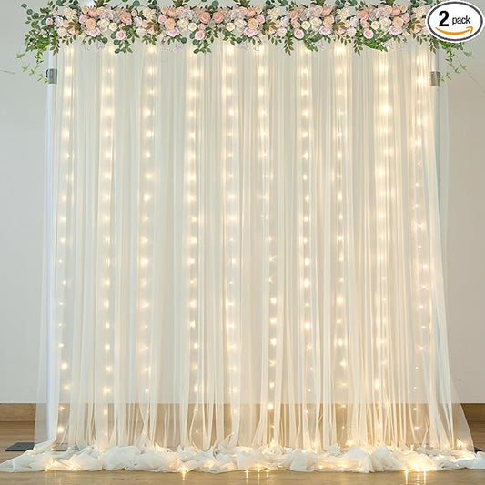 Ivory Sheer Backdrop Curtains with Lights String for Parites Wedding 10×8ft Tulle Backdrop Curtains for Baby Shower Birthday Party Photo Shoot Background Decorations