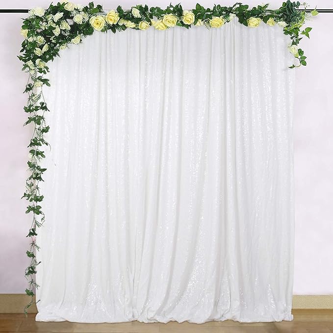 ShinyBeauty Sequin Backdrop 8FTx10FT White Sequin Fabric Backdrop Drapes Sparkle Curtain for Photoshoot Baby Shower Glitter Background for Birthday Party Photography Backdrops
