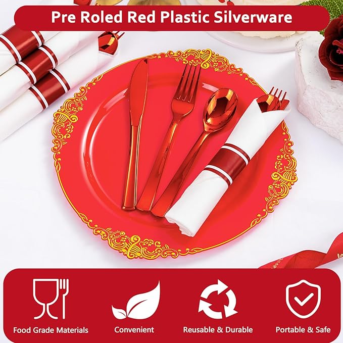 400PCS Pre Rolled Red Plastic Silverware Sets - Heavy Duty Red Cutlery - Include 100 Pack Wrapped Disposable Utensils with Napkins for Christmas Parties & Dinners & Weddings