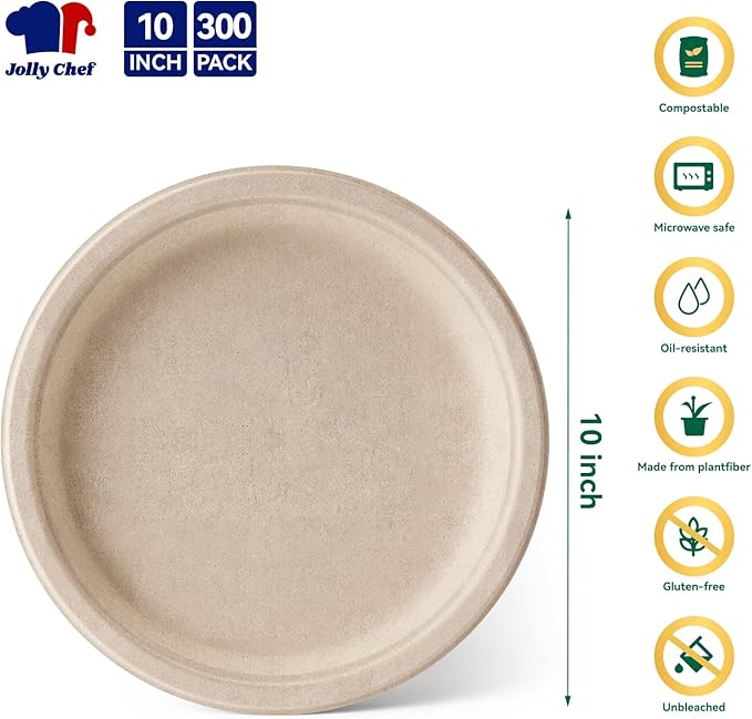 JOLLY CHEF Compostable Heavy Duty Plates 𝟭𝟬 𝗜𝗻𝗰𝗵 [𝟯𝟬𝟬 𝗣𝗮𝗰𝗸] Eco-Friendly Disposable Paper Plates Made of Bagasse Biodegradable Bulk for Party Dinner Sugarcane Fibers Round (Natural)
