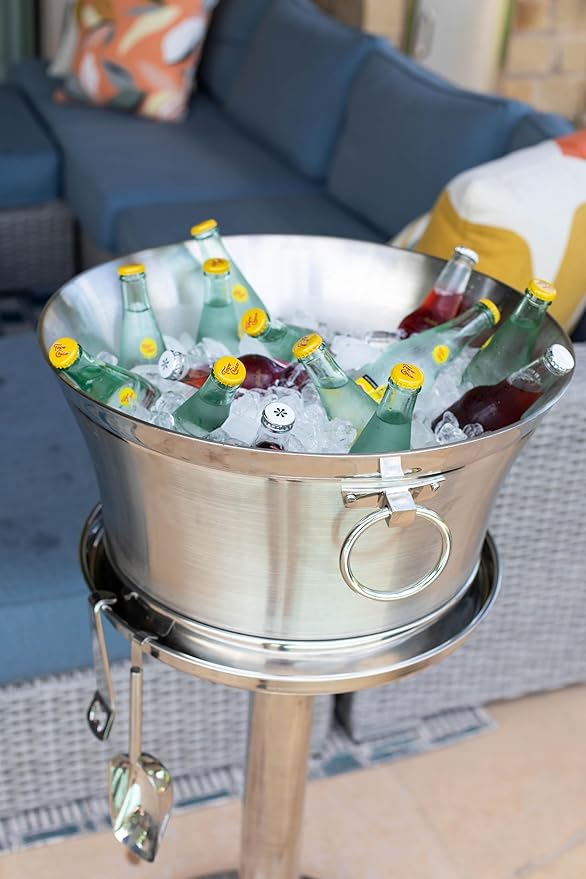 BIRDROCK HOME Metal Beverage Tub w/Stand, Scoop & Bottle Opener - Stainless Steel Double Wall Ice Cooler - Large Drinks, Beer, Wine, Champagne Chiller Buckets w/Holder for Parties - Silver Container