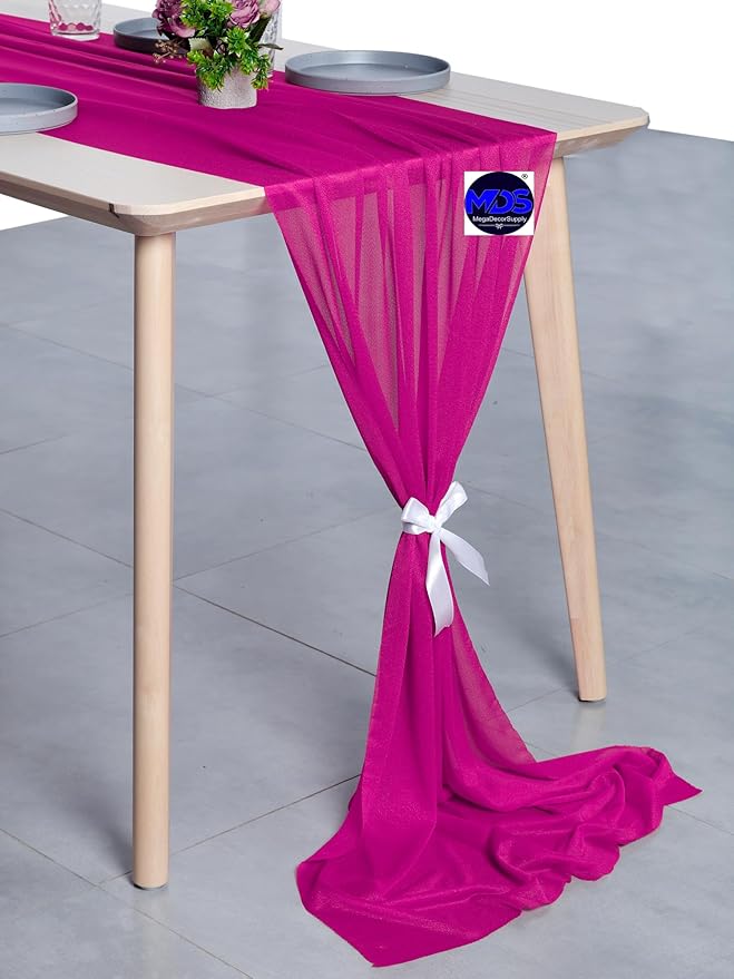 MDS 20 Pack 10ft Chiffon Table Runner 29 x 120 Inches Sheer Wedding Runner Romantic Rustic Table Runner for Wedding Decorations, Birthday Parties, Bridal Shower Party Arch Decor - Magenta