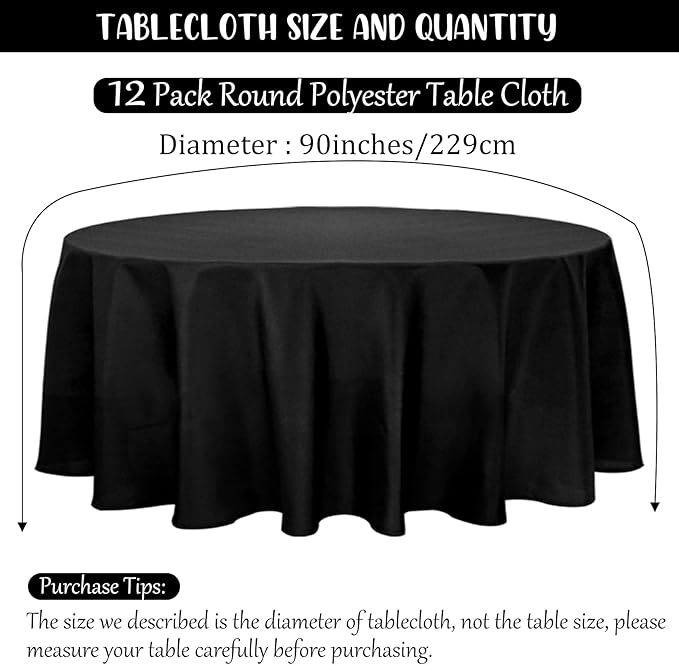 12 Pack Black Round Tablecloth 90 Inch Round Table Covers Bulk Washable Polyester Fabric Round Table Clothes for Wedding Party Reception Banquet Buffet Restaurant (Black, 90 Inch)