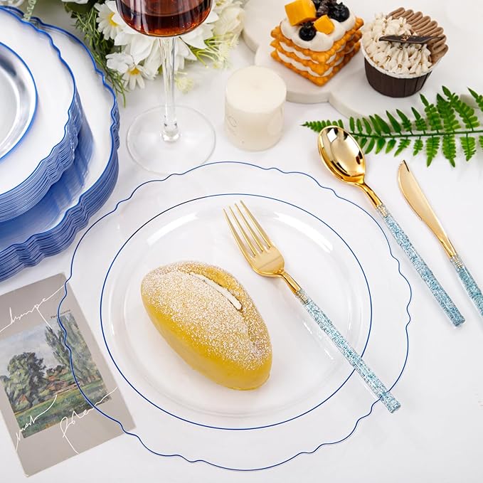 Liacere 150PCS Clear and Blue Plastic Plates-Clear and Blue Disposable Plates with Glitter Bamboo Handle Cutlery-60 Baroque Elegant Plates, 30 Forks, 30 Spoons, 30 Knives for Wedding＆Back to School