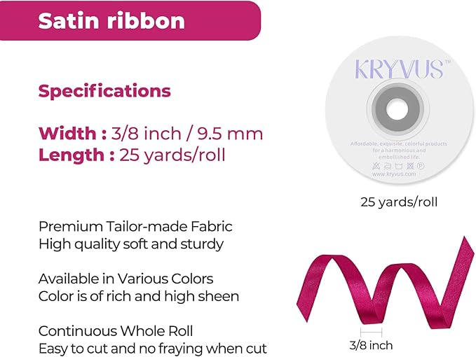 Rose Red Satin Ribbon 3/8 inch X Continuous 25 Yards, Single Face Polyester Ribbon Perfect for Gift Wrapping, Flower Bouquet, Wedding Decor, Crafts, Bow Making, Sewing and More