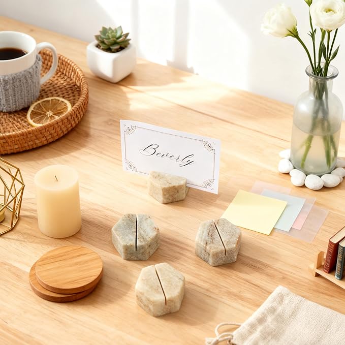 Marble Hexagon Place Card Holders, Exquisite Marble Photo Display Stands, 4 Piece Handmade Creative Card Stands, Multi-Use Place Sign Holders for Event Decor,Dinner Party and Wedding