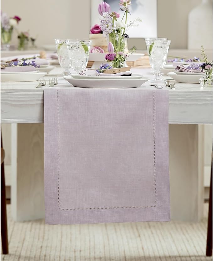 Solino Home Linen Table Runner 48 Inches - 100% Pure Linen Lilac Hemstitch Table Runner 14 x 48 Inch Ideal for Dresser and Coffee Tables - Classic Hemstitch