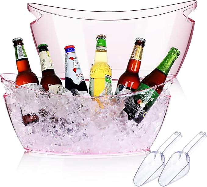 Ice Bucket 2 PCS,Acrylic Ice Buckets for Parties, Mimosa Bar Supplies Beverage Tub and Scoops for Champagne Beer Sparkling Wine Cocktails（5.5L）Extra Large Model (Clear) (pink)