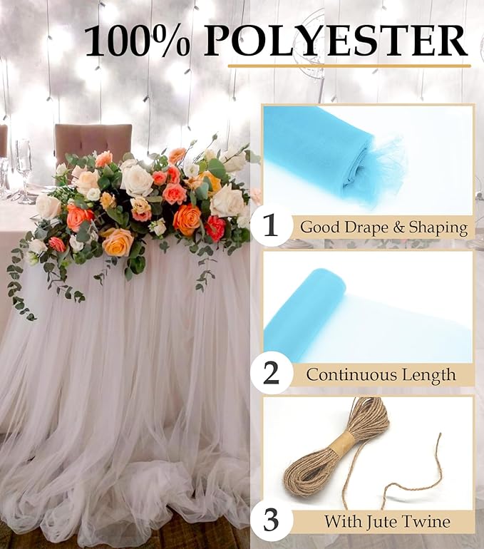 Baby Blue Tulle Fabric Roll, 54" x 40 Yards (120FT) Tulle for Wedding Decoration DIY Tutu Party Backdrop Baby Shower Table Skirts Gift Wrapping
