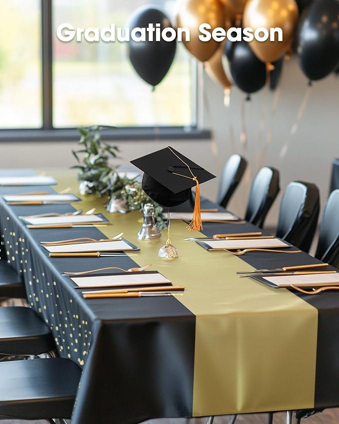 Pureegg Plastic Table Cloth Disposable 10 Pack, 54 x 108 Inch, Table Runner Style, Graduation Decorations 2025, Party Tablecloths, Rectangle, Plastic Cover, Leakproof & Sturdy, Black Gold