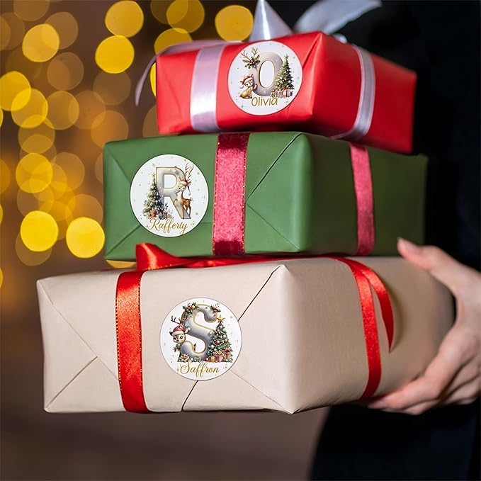 CALLIE Personalized Christmas Gift Tags with Initial and Name, Golden Reindeer Waterproof Label Stickers for Wrapping Paper Presents, Christmas Decorations Gift for Family Friend