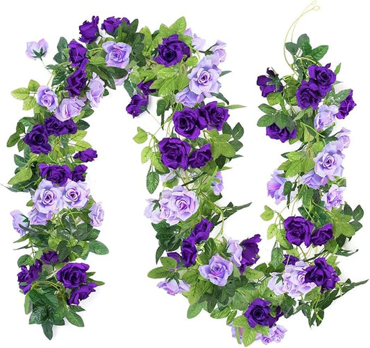 Kisflower 3Pack Artificial Rose Flower Garland, 23.7FT Fake Vines Silk Flowers Hanging Rose Ivy for Wedding Arch Decorations Room Party Home Garden Hotel Office Wall Decor (Purple)