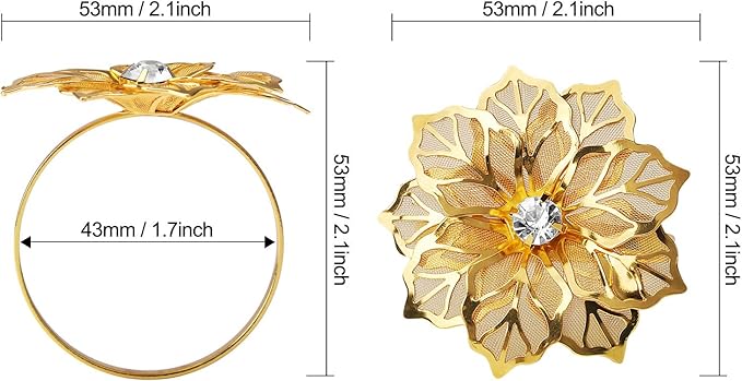 KPOSIYA Flower Napkin Rings Holder Metal Gold Napkin Rings Set of 6 for Wedding Party Holiday Banquet Christmas Dinner Delicate Serviette Buckles Decor Favor (6, Flower-Gold)