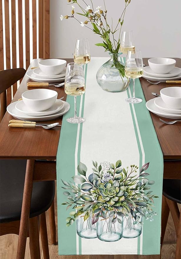 Eucalyptus Cotton Linen Table Runner for Dining Kitchen, Wedding Outdoor Party Tablerunners Decoration, Green Leaves Botanical Plants Watercolor Dresser Scarf Coffee Tablecloth Runners 13x108 Inches