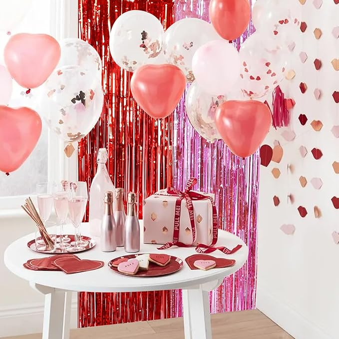 TONIFUL Valentine's Day Door Streamers,Red and Pink Photo Booth Backdrop Metallic Streamers Foil Fringe Curtain for Birthday Valentine's Day Bridal Shower Engagement Party Decoration
