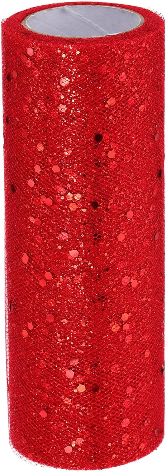 PATIKIL Tulle Fabric Rolls, 6 Inch by 10 Yards Fabric Spool Tulle Sparkling Ribbon Netting Sequin for DIY Tutu Skirts Crafts Wedding Party Decorations, Red