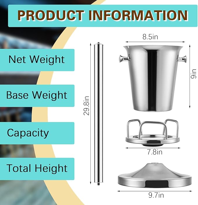 Lallisa 2 Pieces Wine Ice Bucket with Stand Stainless Steel Standing Champagne Ice Bucket Cube Container on Stand for Beer KTV Club Bar BBQ Wedding 35.8in 5L (Silver)