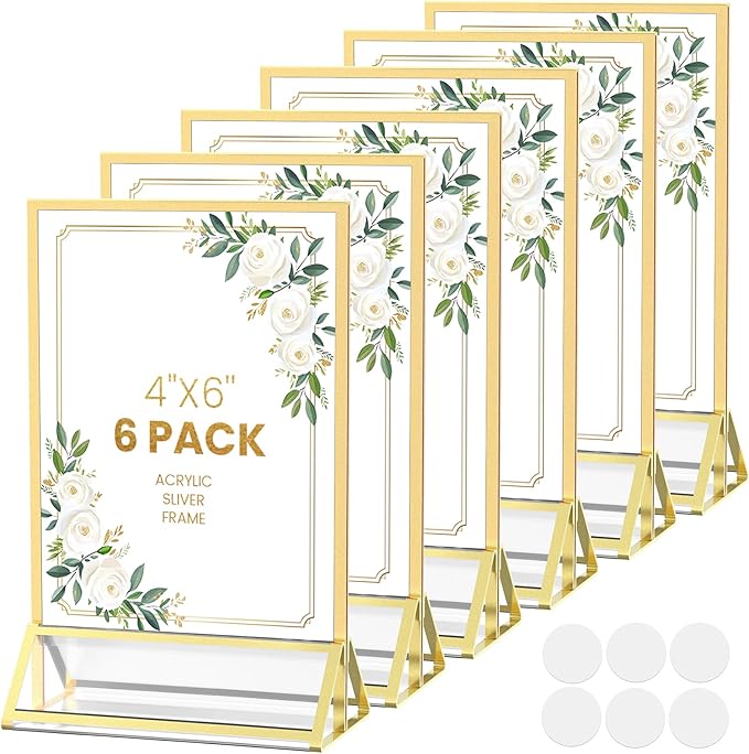 Acrylic Sign Holder 4X6 Gold Picture Frame Double-Sided Acrylic Frames for Wedding Table Numbers Photo Frames Flyers Menu with Removable Sticky Dots-6 Pack
