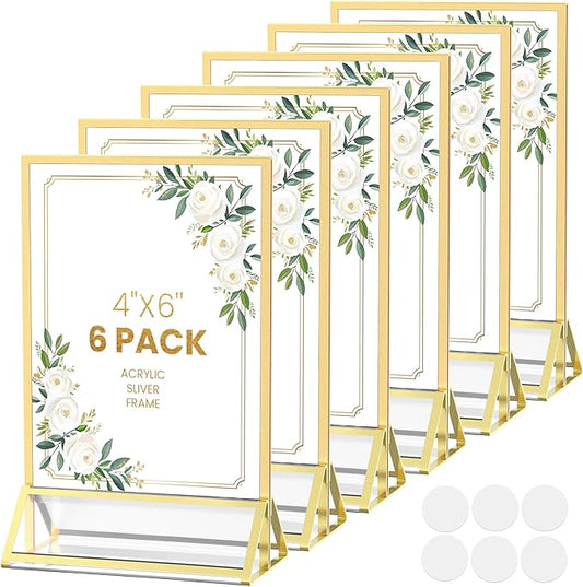 Acrylic Sign Holder 4X6 Gold Picture Frame Double-Sided Acrylic Frames for Wedding Table Numbers Photo Frames Flyers Menu with Removable Sticky Dots-6 Pack
