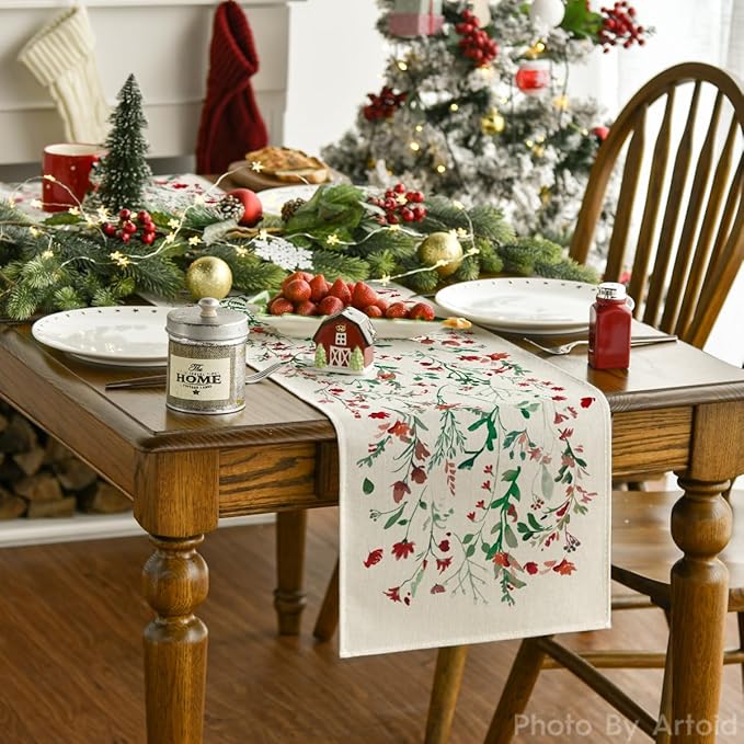 Artoid Mode Floral Leaves Christmas Table Runner, Wild Flowers and Grasses Winter Kitchen Dining Table Decoration for Home Party Decor 13x90 Inch