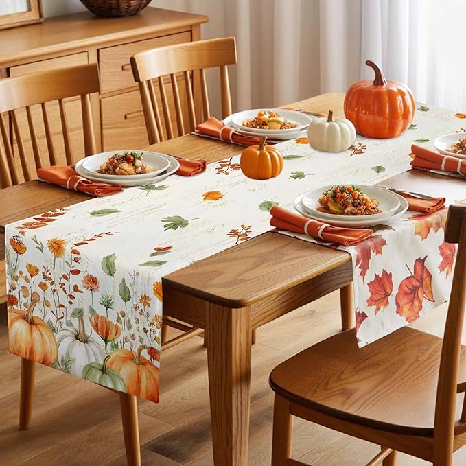 Fall Wildflowers Cotton Linen Table Runner for Dining Kitchen, Thanksgiving Pumpkin Outdoor Party Rustic Tablerunners Decoration, Botanical Floral Vintage Dresser Scarf Tablecloth Runners 13x90 Inches