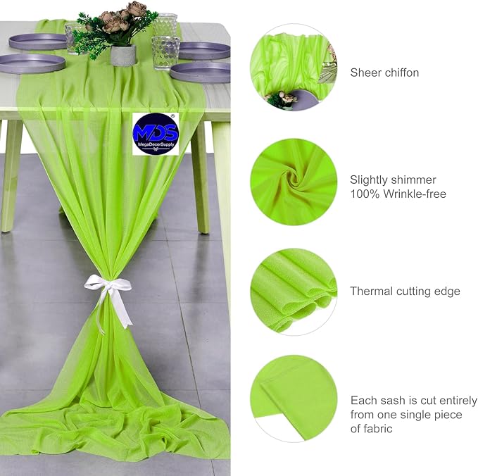 MDS Halloween Chiffon Table Runner - 20 Pack, 29 x 120 Inches, 10ft Each - Sheer Spooky Table Runners for Haunted House Parties, Trick-or-Treat Tables, Witchy Décor, Wedding & Events - Parrot Green