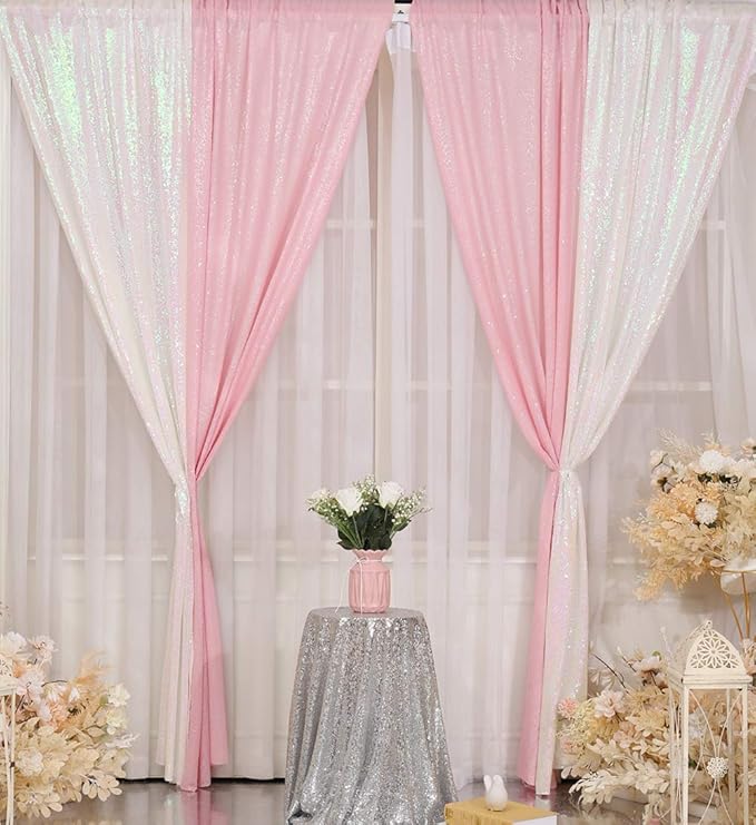 Poise3EHome 2Pcs 2Ft x 8Ft Pink Sequin Backdrop Curtains, Glitter Photography Background, Sequence Xmas Thanksgiving Backdrop