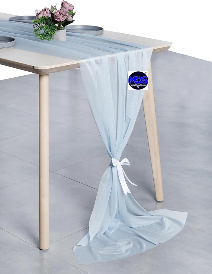 MDS 2 Pack 14ft Chiffon Table Runner 29 x 170 Inches Sheer Wedding Runner Romantic Rustic Table Runner for Wedding Decorations, Birthday Parties, Bridal Shower Party Arch Decor - Baby Blue