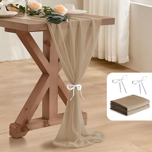 2 Pack 10 Ft Chiffon Table Runner Beige Gauze Long Table Runners 27x120 Inches Sheer Tulle Table Runner for Rustic Wedding Reception Bridal Shower Decorations Birthday Party