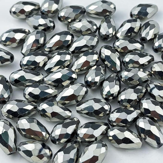 130pcs 6x8mm Teardrop Crystal Glass Beads for Jewelry Making, Faceted Vertical Hole Teardrop Glass Spacer Beads for Wind Chimes Bracelet Earring Necklace DIY Craft(Silver)