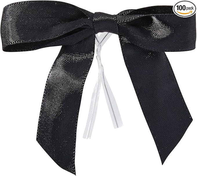 Juvale Gift Bows with Twist Ties - Mini Bows for Crafts & Wrapping - Pre-Tied Satin Polyester Ribbon for Treat Bags & Balloons - 3-Inch, Black, 100 Pack