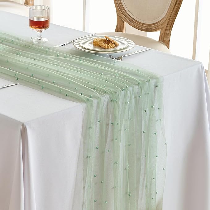 Fanami 6 Pack Pearl Table Runner -10FT Sage Green Boho Tulle Table Runners 120 Inches Long Rustic Sheer Lace Fabric Centerpieces for Wedding Arch Birthday Party Bridal Veil Baby Shower Decorations