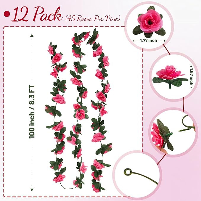 12 Pcs 99 Ft Flower Garland Rose Vines, Rose Garland for Decoration, Flower Vine for Room Table Birthday Wedding Party Garden Wall Decor